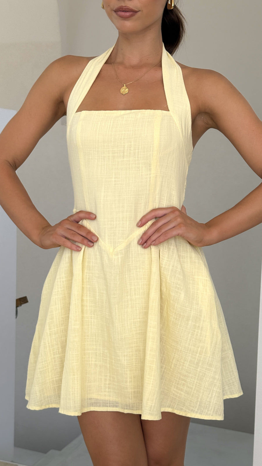 Butter Yellow Linen Halter Mini Dress-0