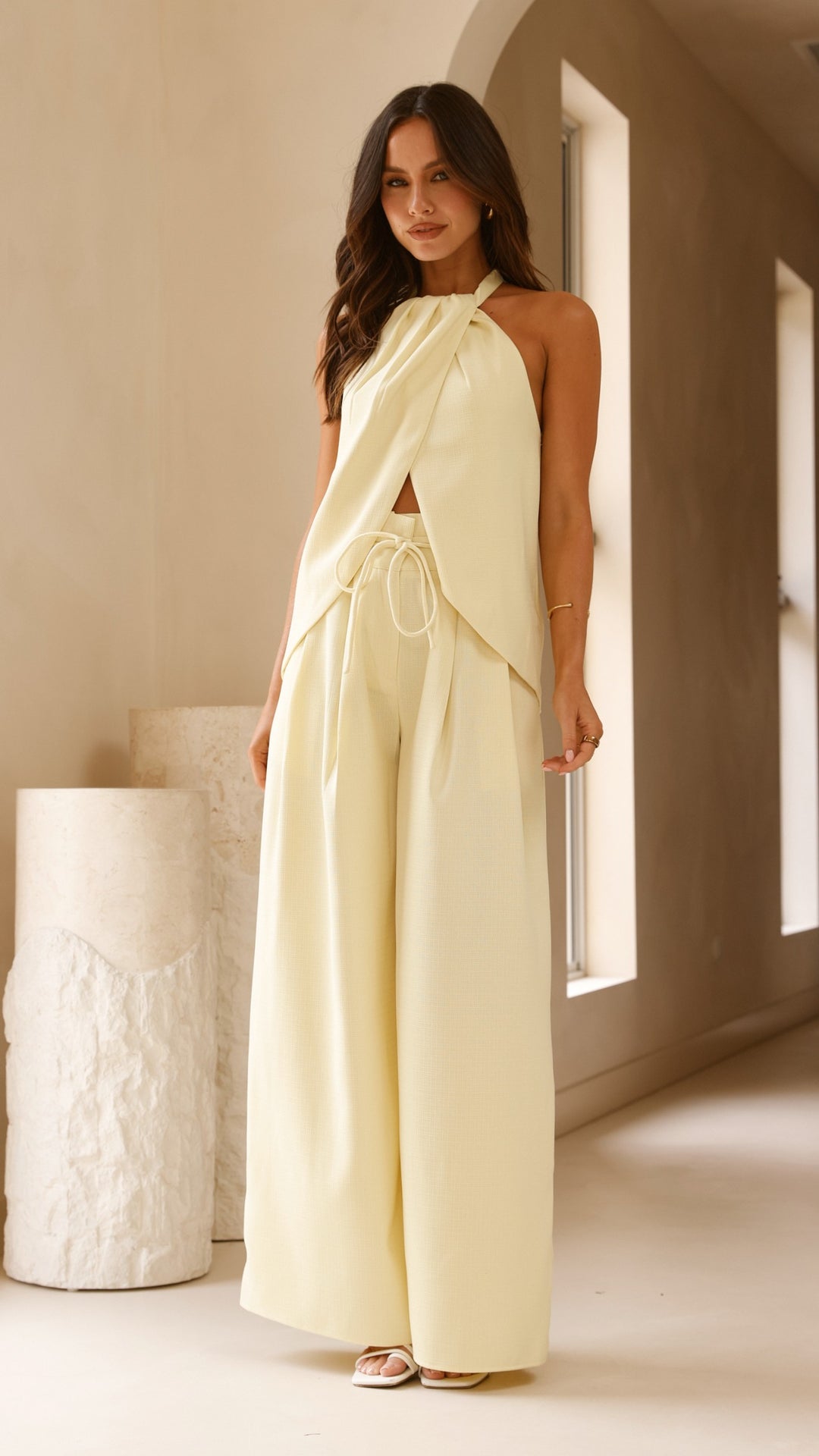 Midnight Drape Halter Top in Butter Yellow Crepe with Trousers
