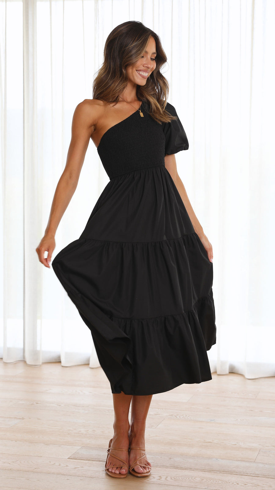 Black Crepe One-Shoulder Smocked Bodice Tiered Midi Dress