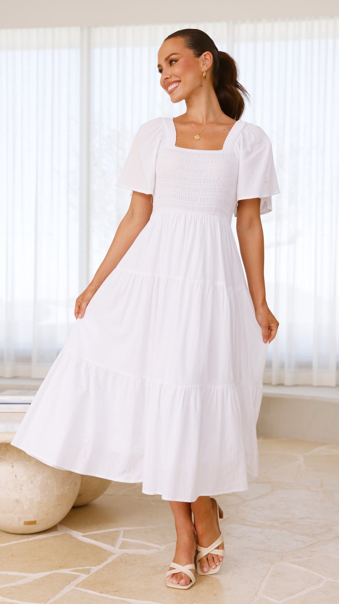 White Smocked Midi Dress