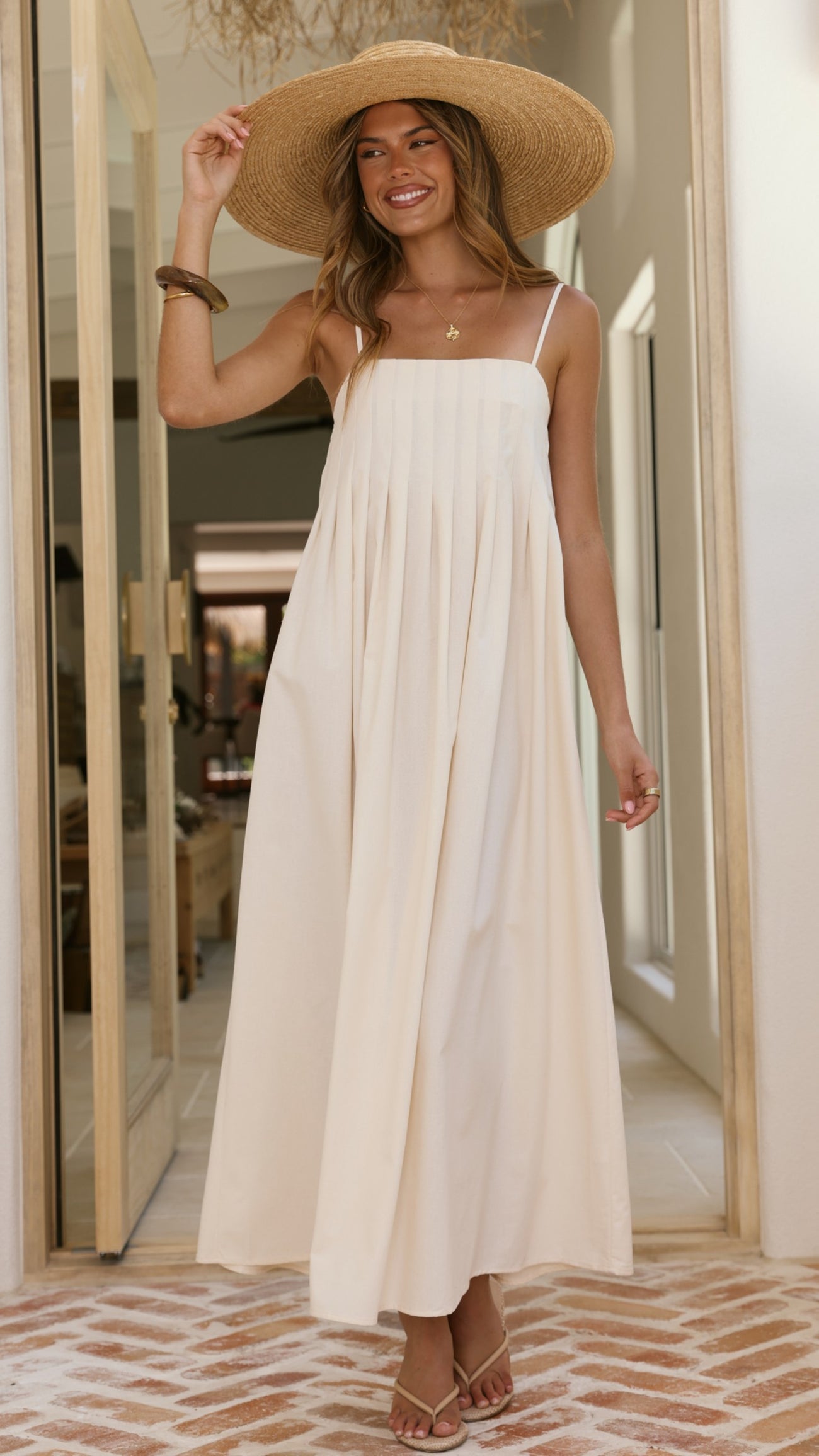 Ivory Linen Pleated Maxi Dress - COPY-0
