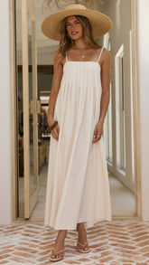 Ivory Linen Pleated Maxi Dress - COPY-1