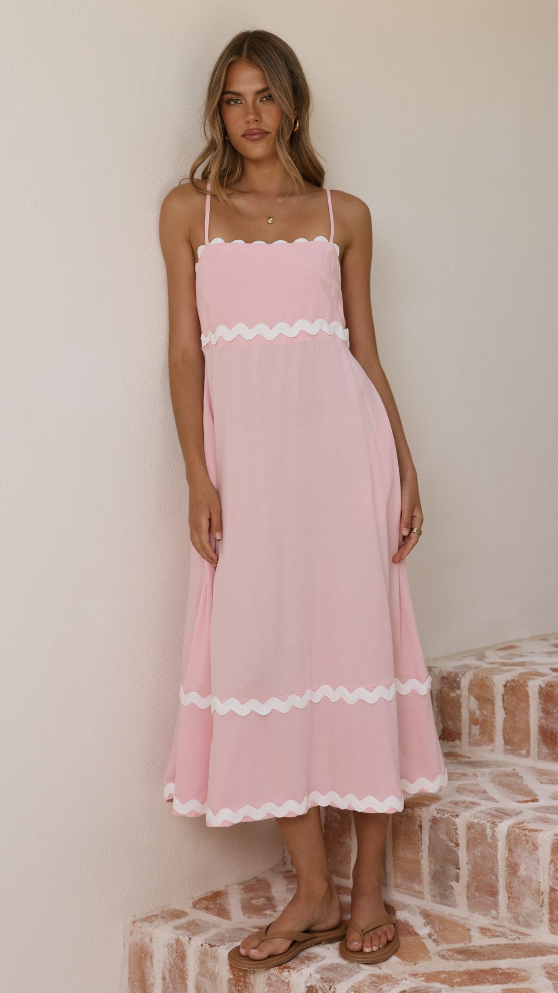 Blush Pink Linen Midi Dress with Ric Rac Trim-1