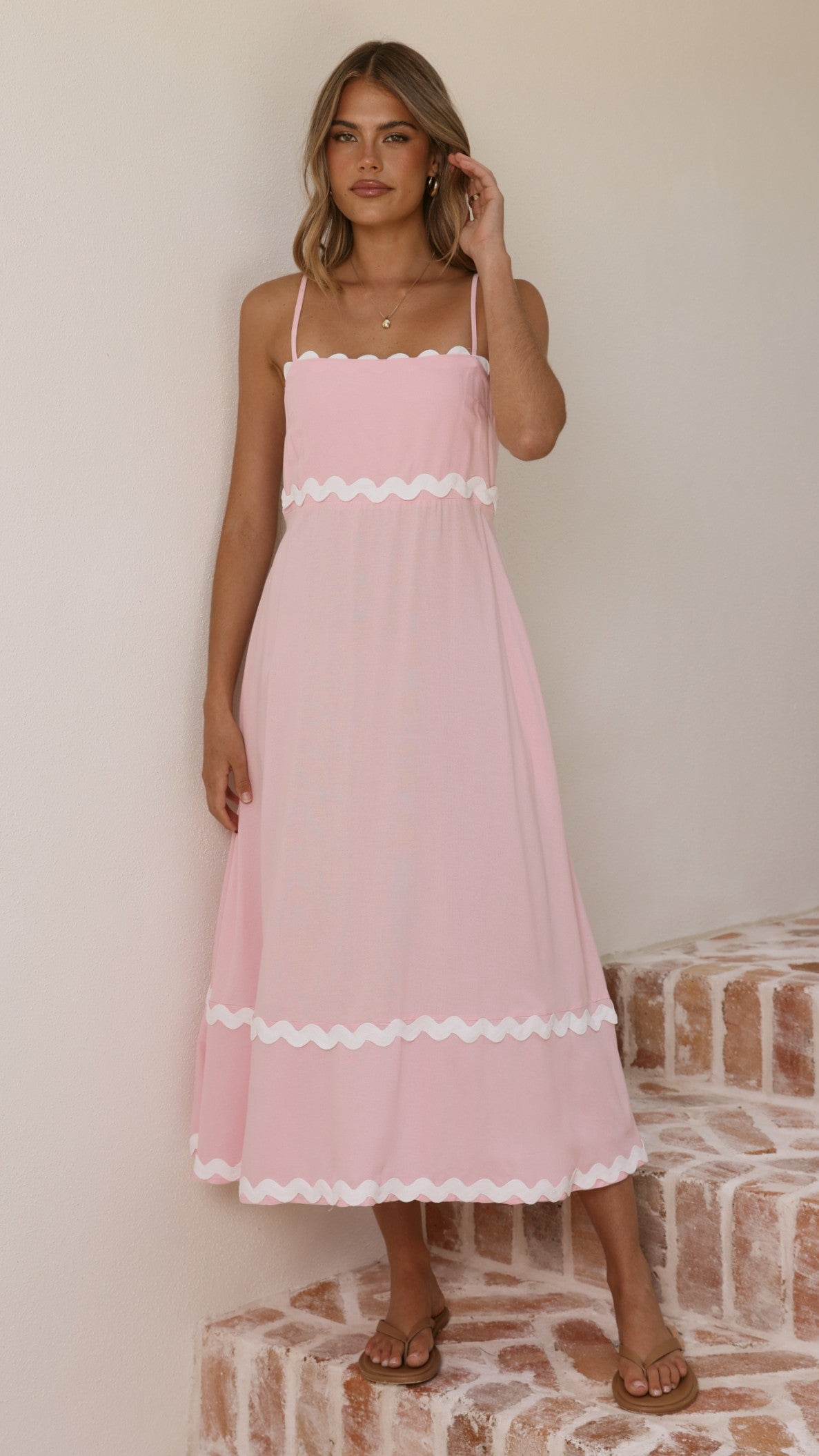 Blush Pink Linen Midi Dress with Ric Rac Trim-2