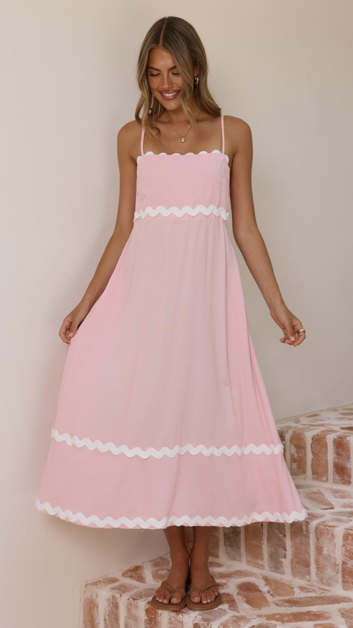 Blush Pink Linen Midi Dress with Ric Rac Trim-3