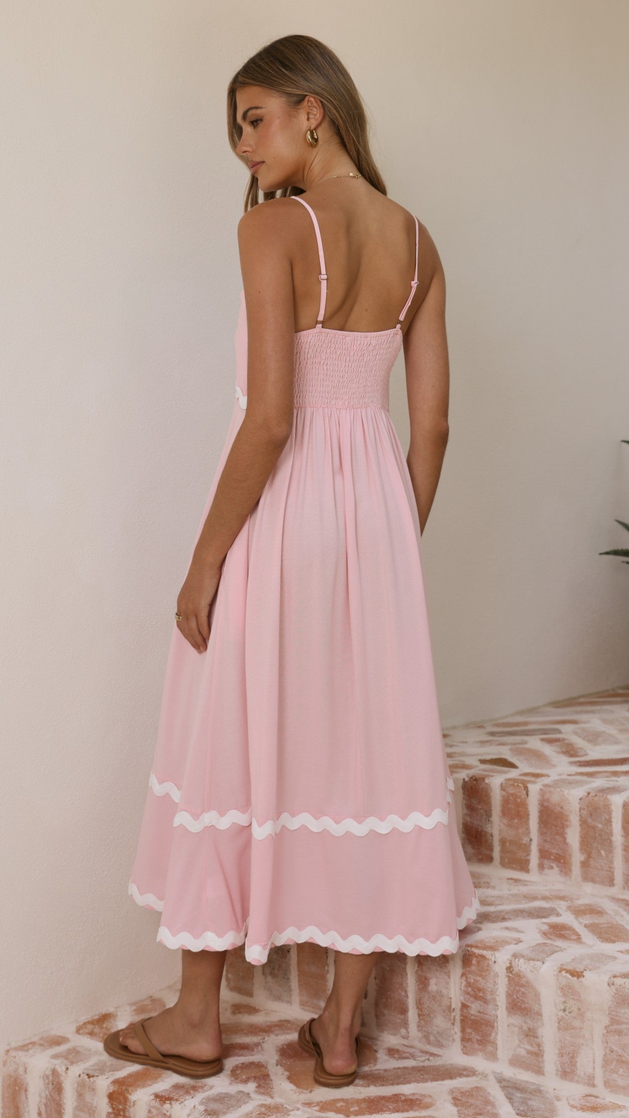Blush Pink Linen Midi Dress with Ric Rac Trim-4