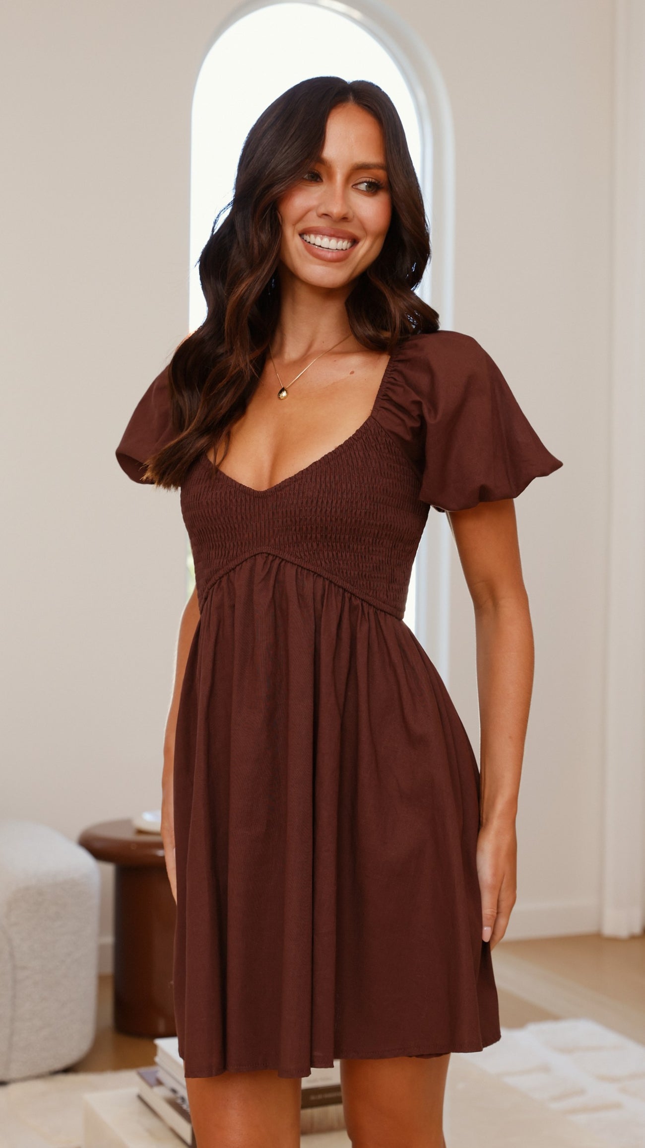 Chocolate Brown Linen Smocked Puff Sleeve Mini Dress-4