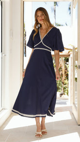 Navy Blue Linen Midi Dress with Lace Trim (syncee)-2
