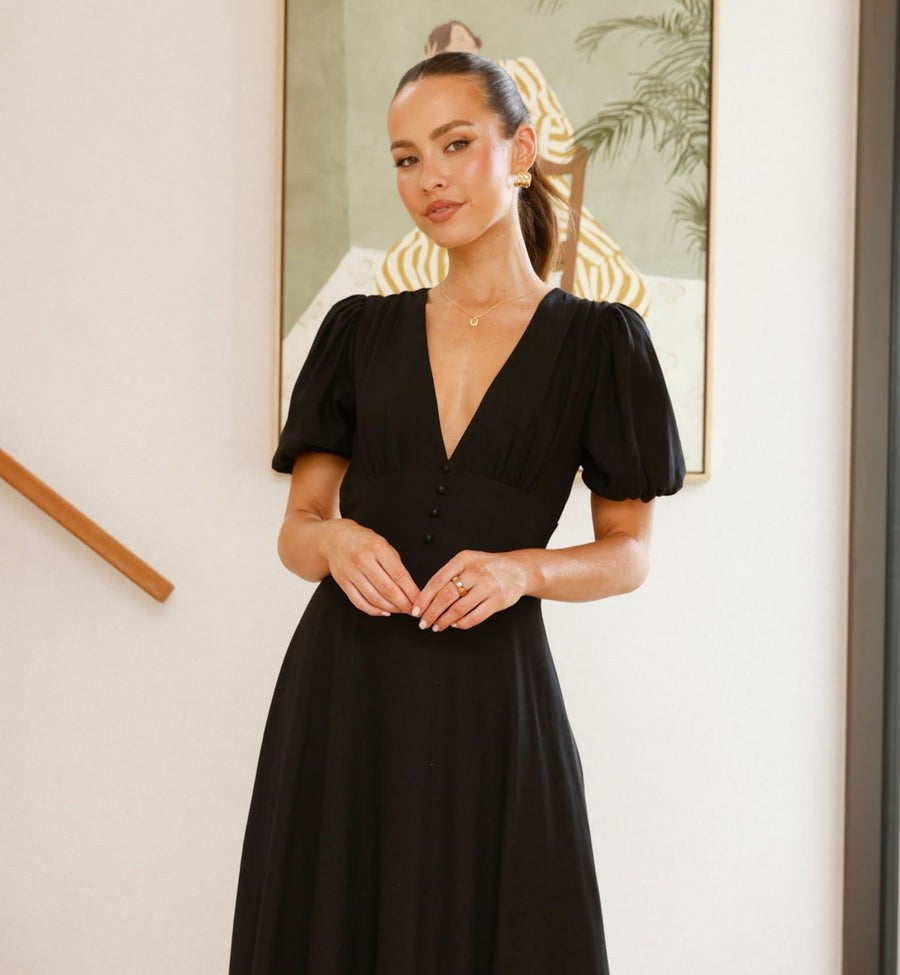 Black 100% Linen Puff Sleeve Maxi Dress
