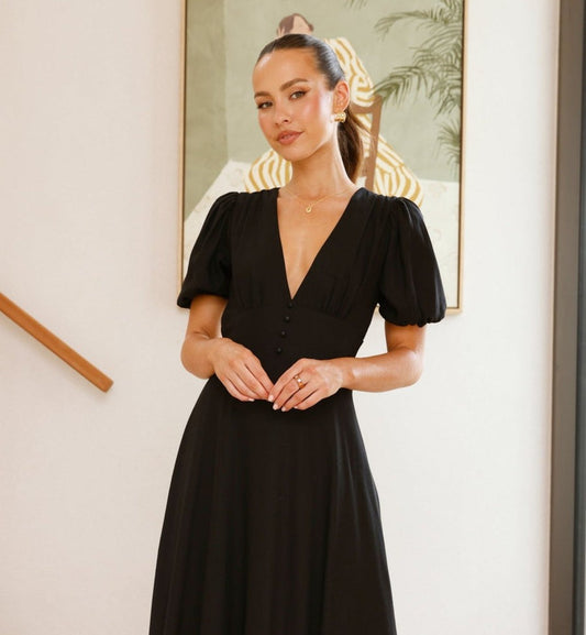 Vestido Largo Negro 100% Lino con Mangas Abullonadas