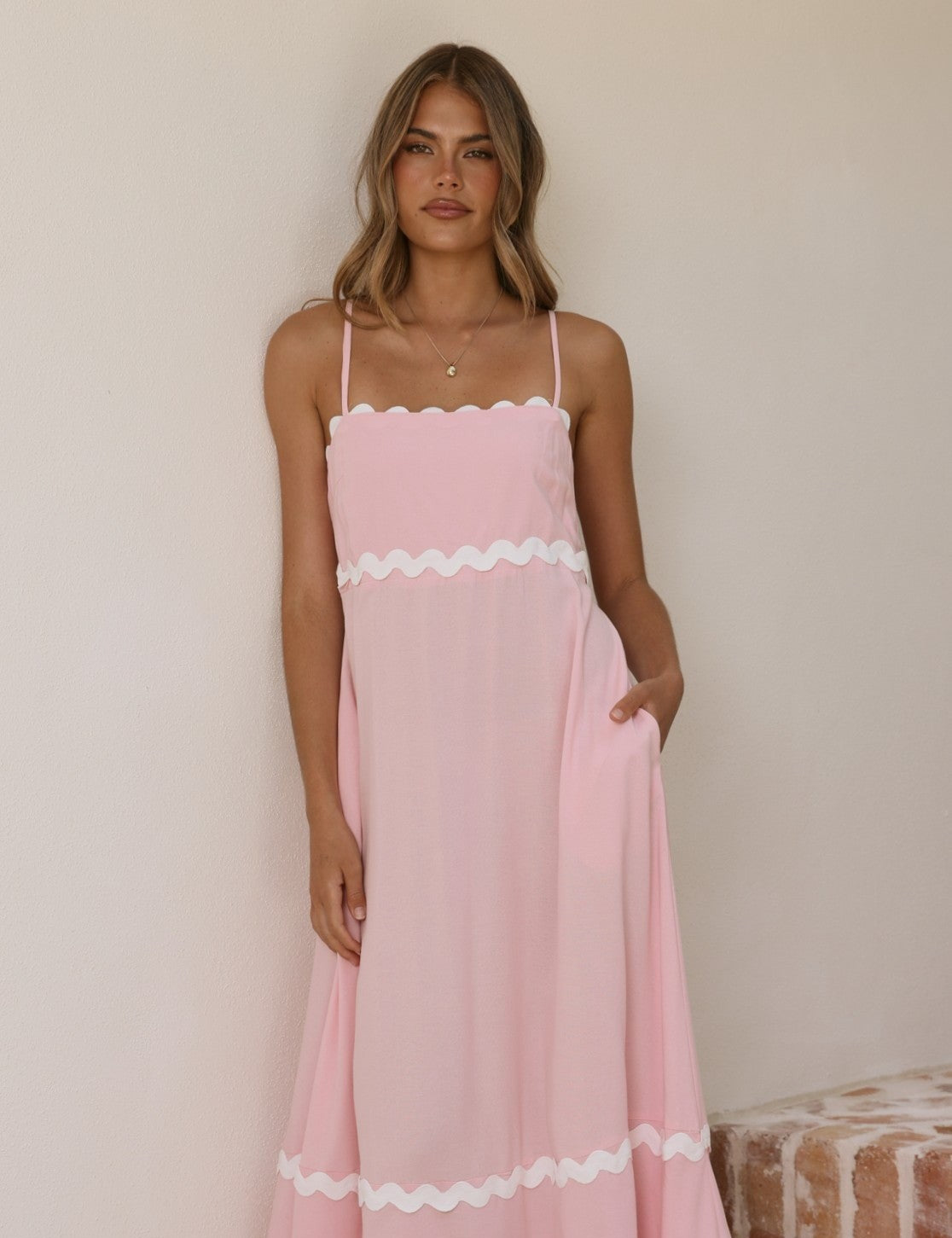 Blush Pink 100% Linen Midi Dress with Ric Rac Trim