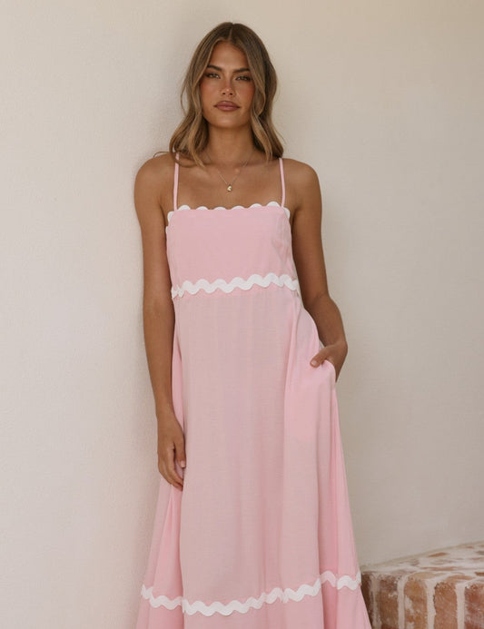 Blush Pink 100% Linen Midi Dress with Ric Rac Trim