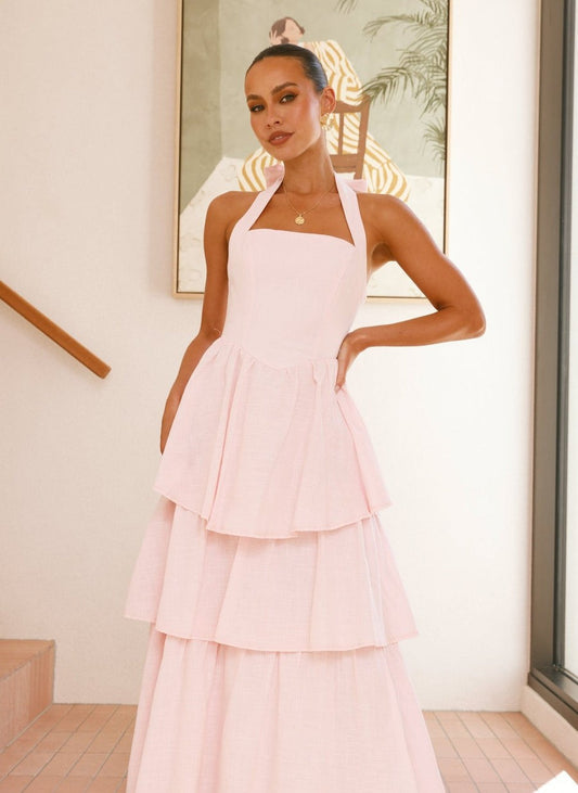 Pink Crepe Tiered Maxi Dress with Halter Neck & Tie-Up Bow