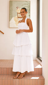 White Crepe Tiered Maxi Dress with Halter Neck & Back Tie Bow-3