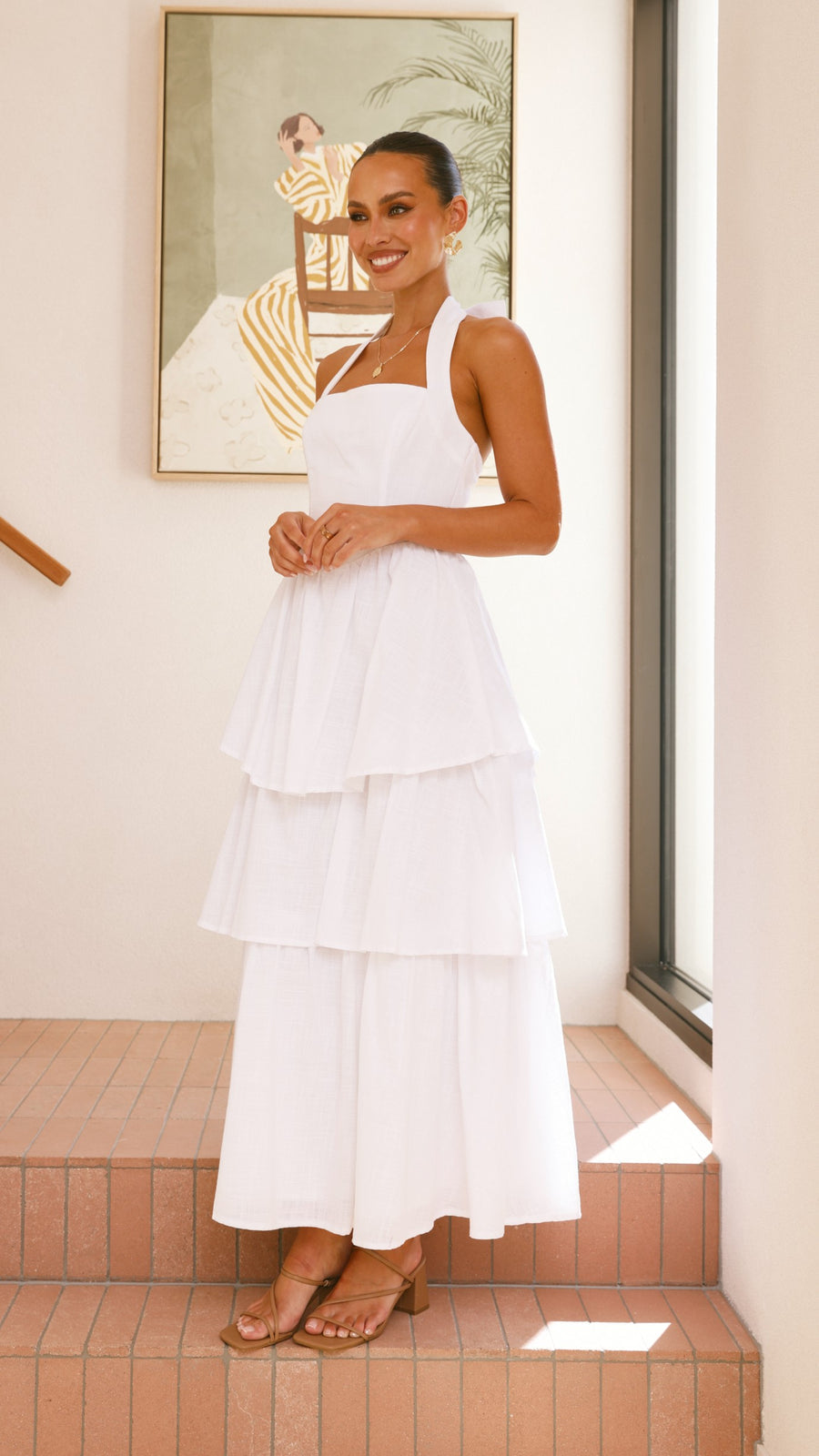 White Crepe Tiered Maxi Dress with Halter Neck &amp; Back Tie Bow-3