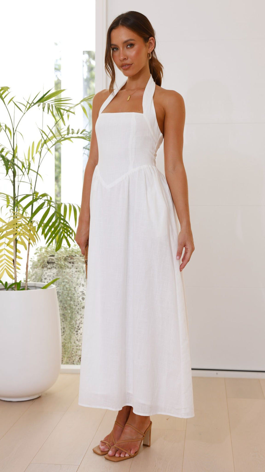 White Linen Halter Maxi Dress-2