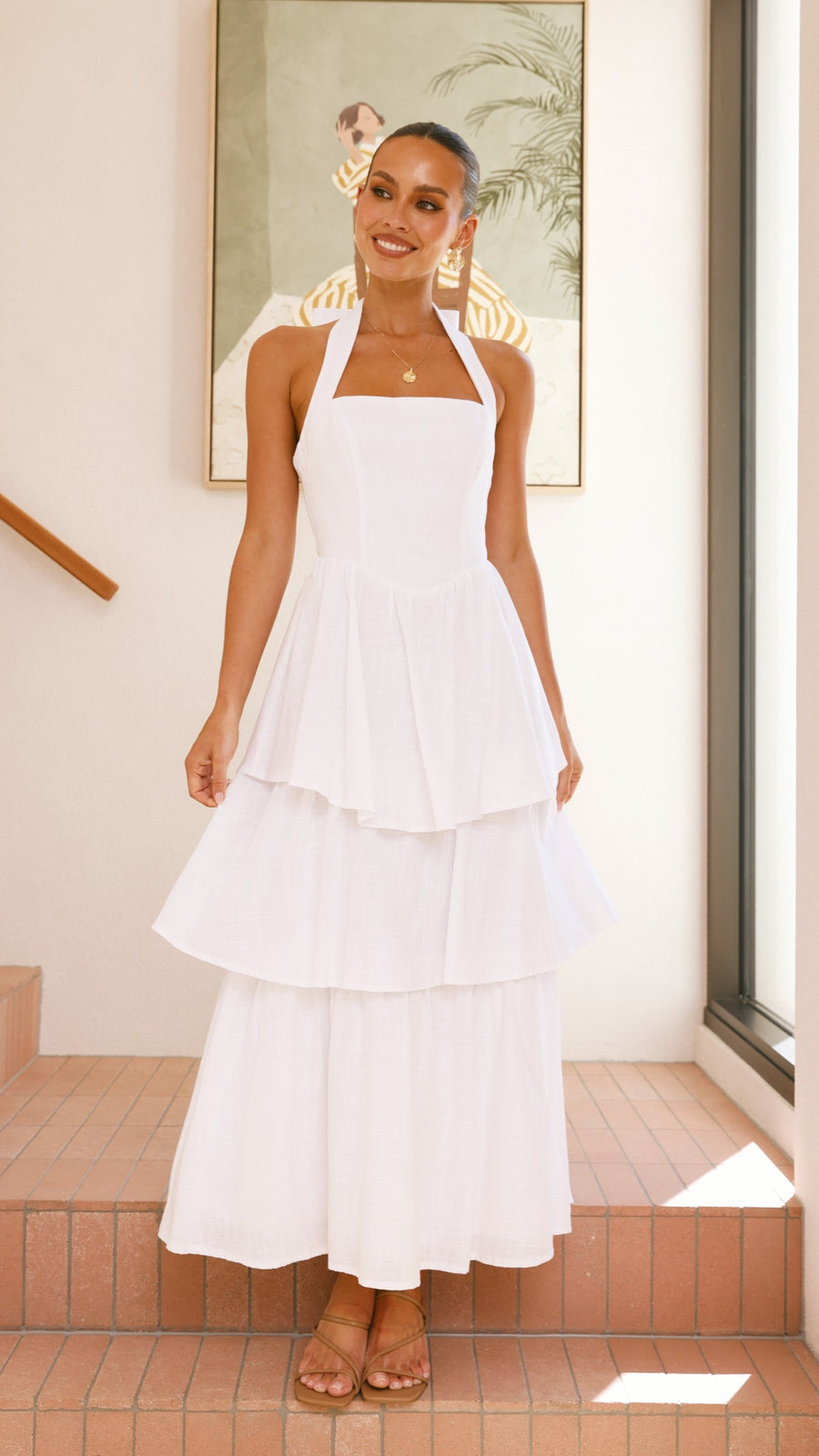 White Crepe Tiered Maxi Dress with Halter Neck &amp; Back Tie Bow-4