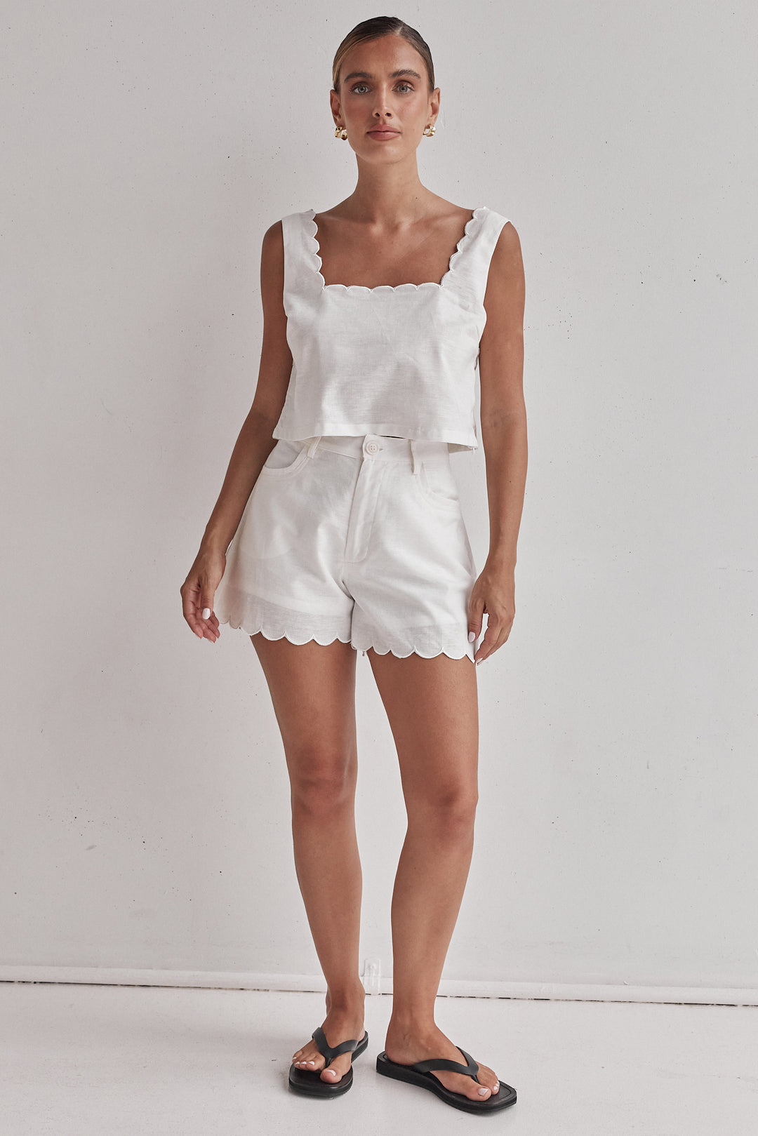 White Linen Shorts with Scalloped Hem – Lightweight &amp; Chic-3