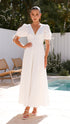 White Linen Puff Sleeve Maxi Dress (syncee)-0
