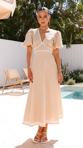 Beige Linen Puff Sleeve Maxi Dress-2
