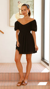 Black Linen Mini Dress with Puffs-4
