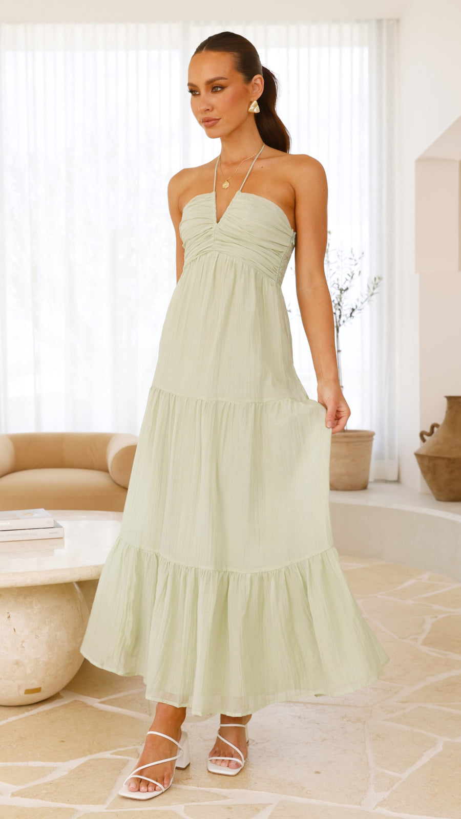 Vestido maxi halter de algodón color verde salvia musgo
