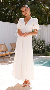 White Linen Puff Sleeve Maxi Dress (syncee)-2