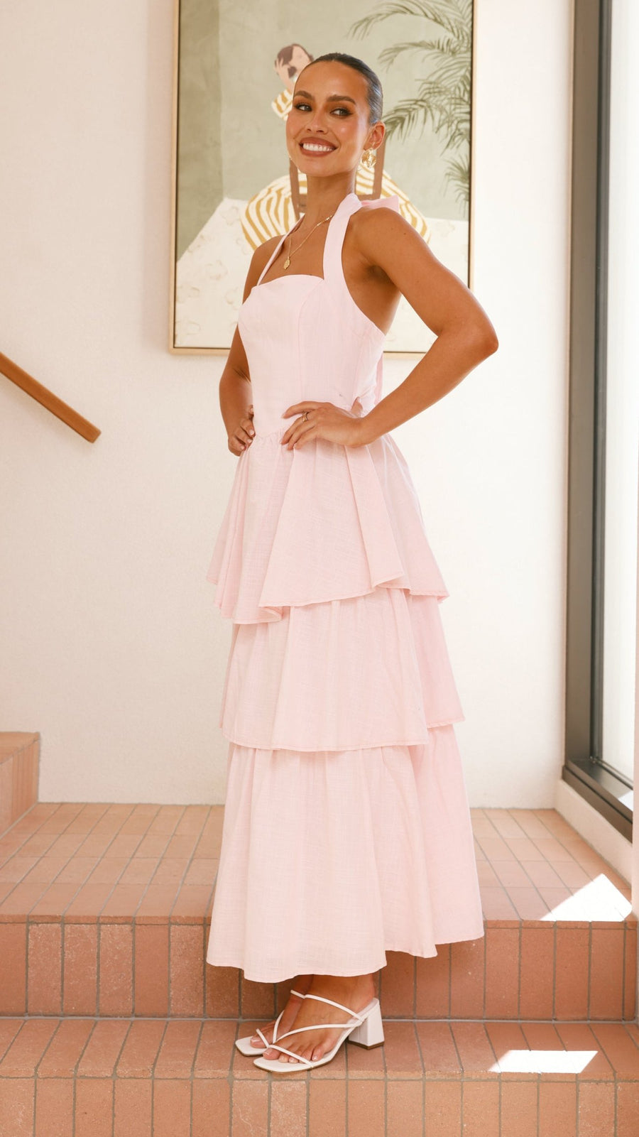 Pink Crepe Tiered Maxi Dress with Halter Neck &amp; Tie-Up Bow-2