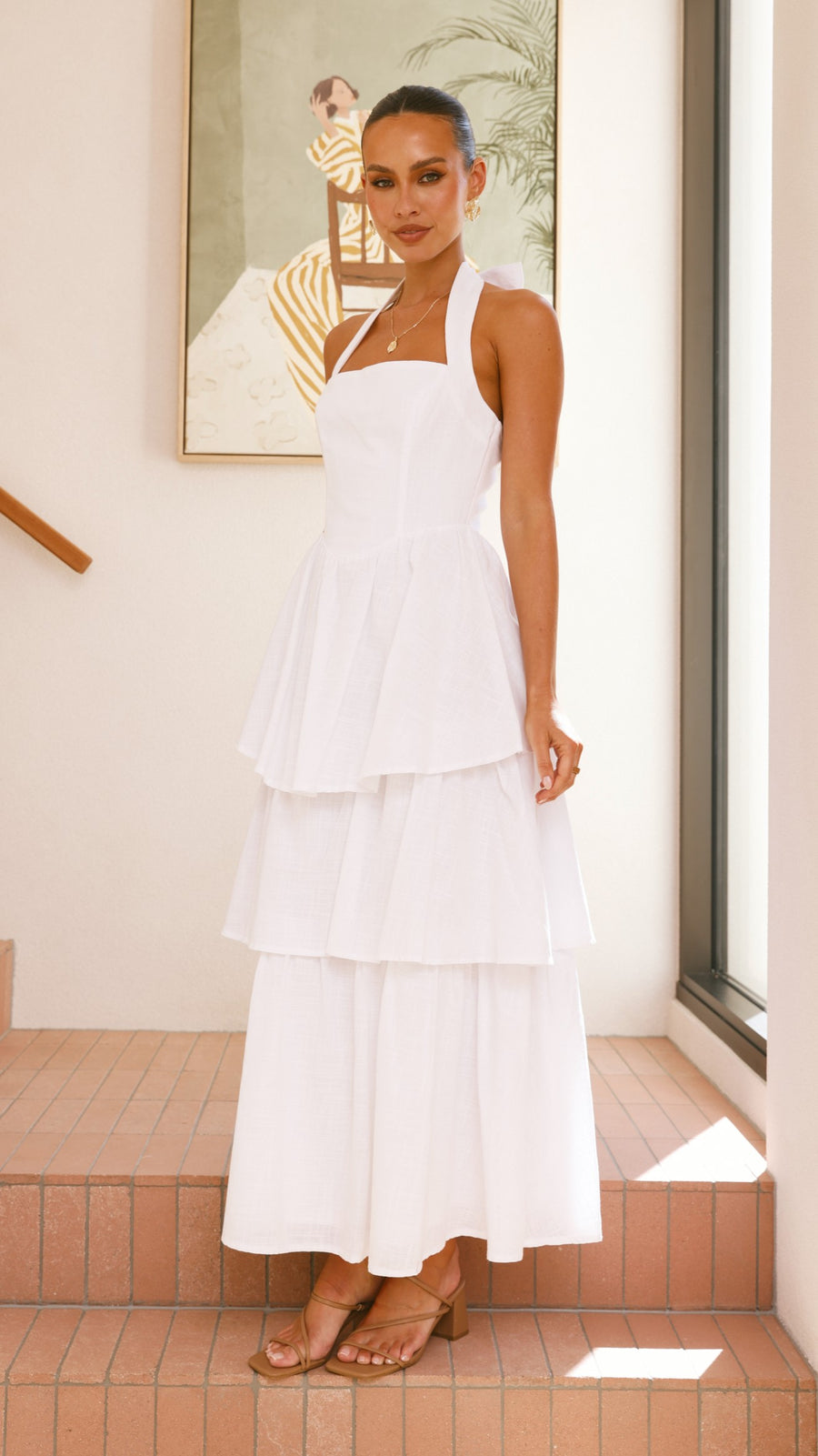 White Crepe Tiered Maxi Dress with Halter Neck &amp; Back Tie Bow-0