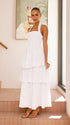 White Crepe Tiered Maxi Dress with Halter Neck & Back Tie Bow-0