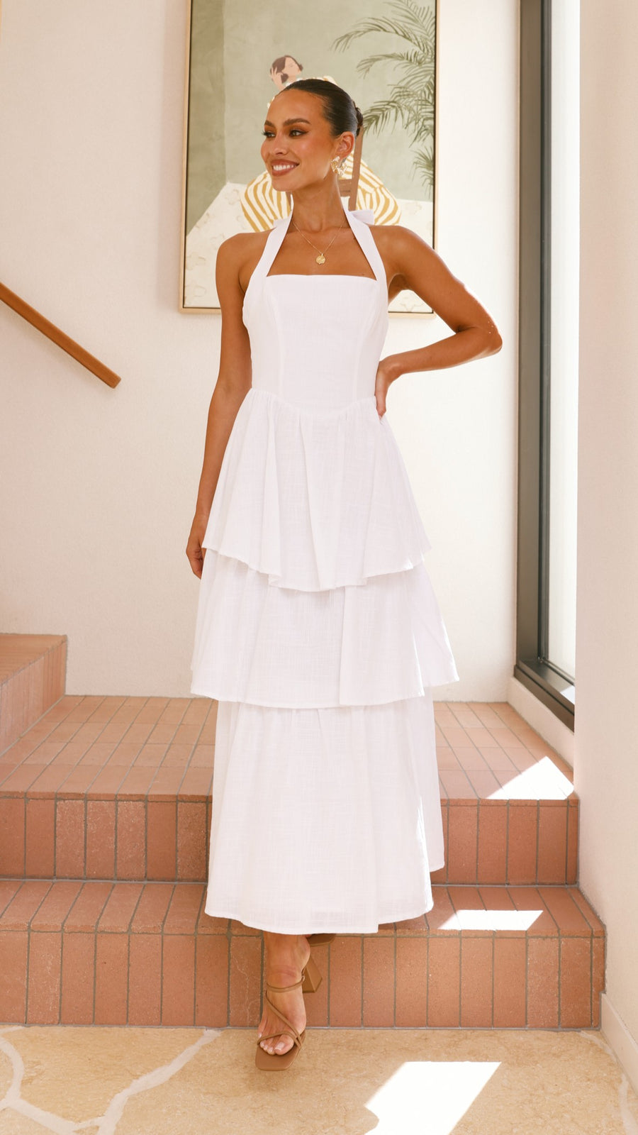 White Crepe Tiered Maxi Dress with Halter Neck &amp; Back Tie Bow-1