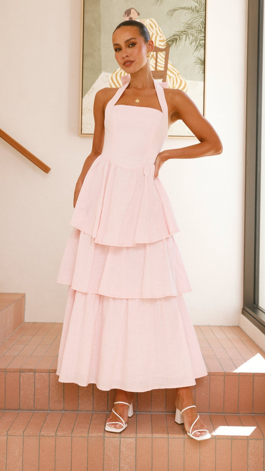 Pink Crepe Tiered Maxi Dress with Halter Neck &amp; Tie-Up Bow-1