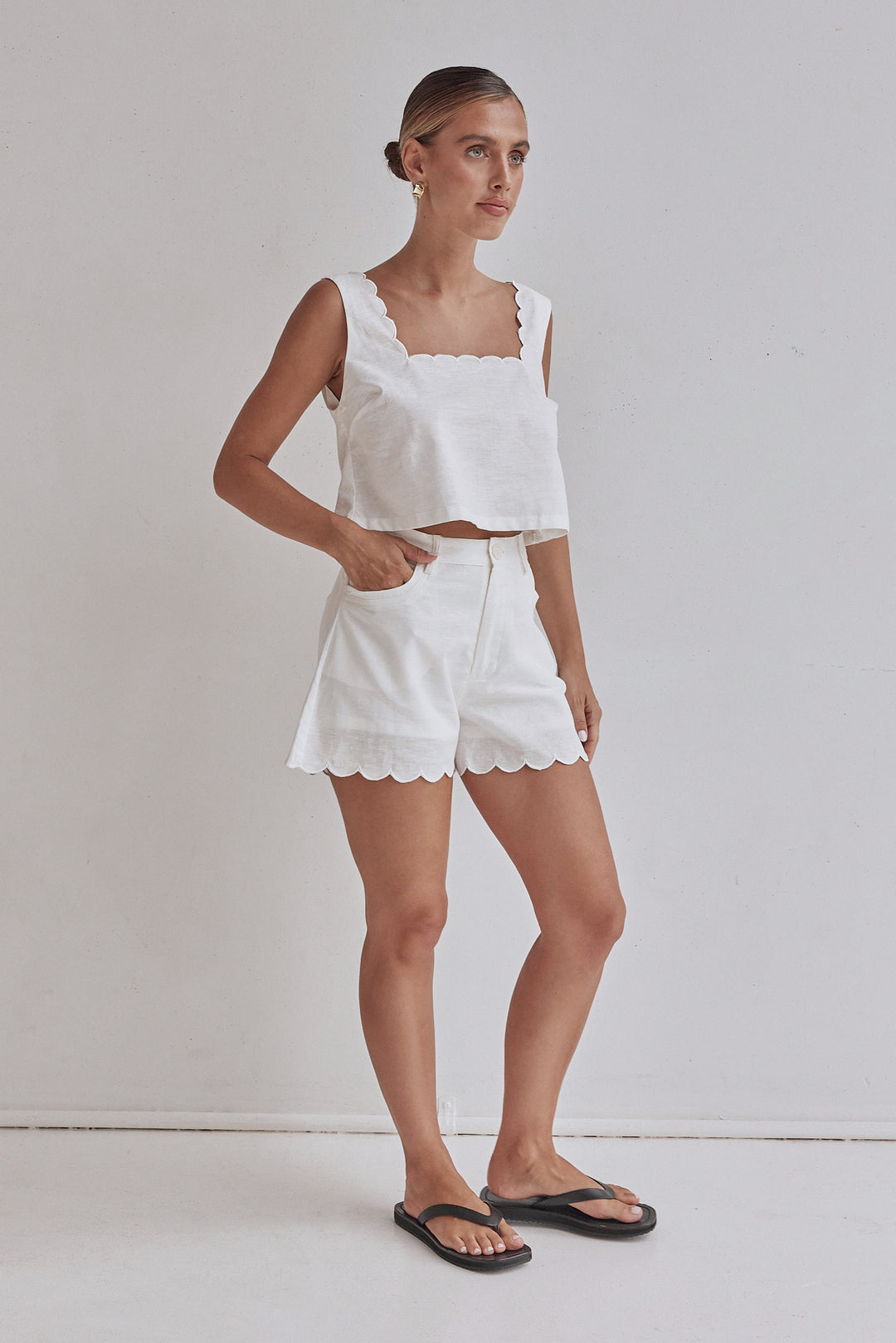 White Linen Shorts with Scalloped Hem – Lightweight &amp; Chic-2