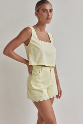 Butter Yellow Linen Shorts – High-Waist with Scalloped Hem-2