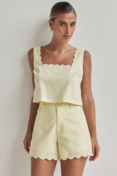 Butter Yellow Linen Shorts – High-Waist with Scalloped Hem-4