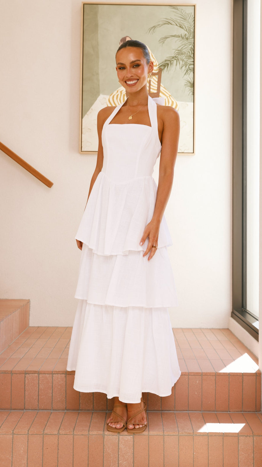 White Crepe Tiered Maxi Dress with Halter Neck &amp; Back Tie Bow-2