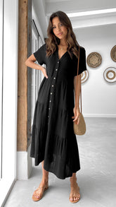 Black Linen Button-Down Midi Dress (syncee)-3