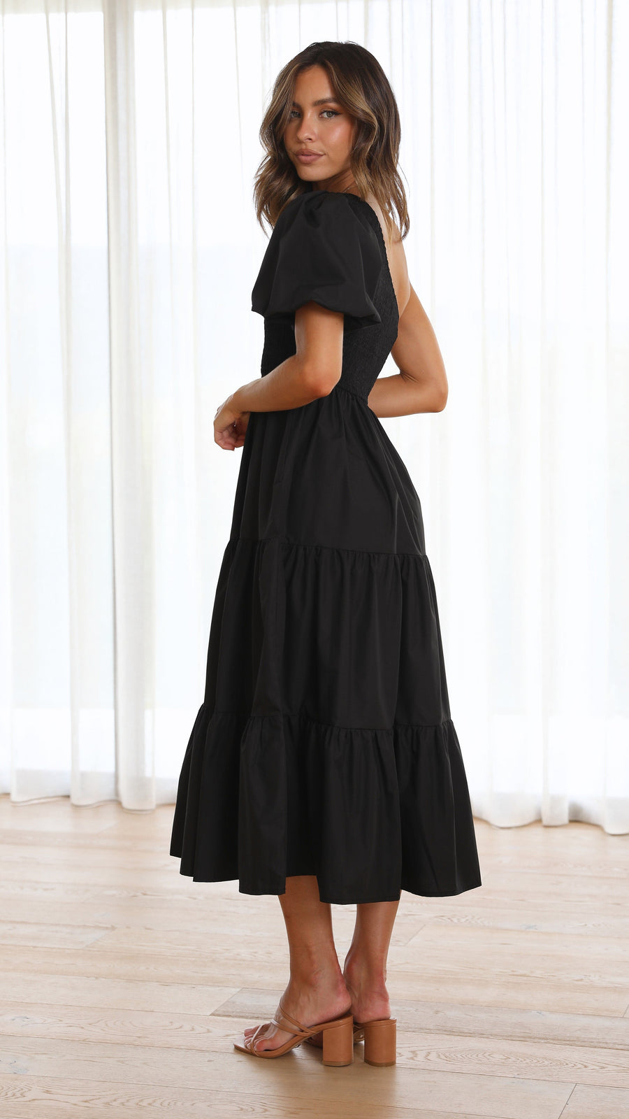 Black Crepe One-Shoulder Smocked Bodice Tiered Midi Dress