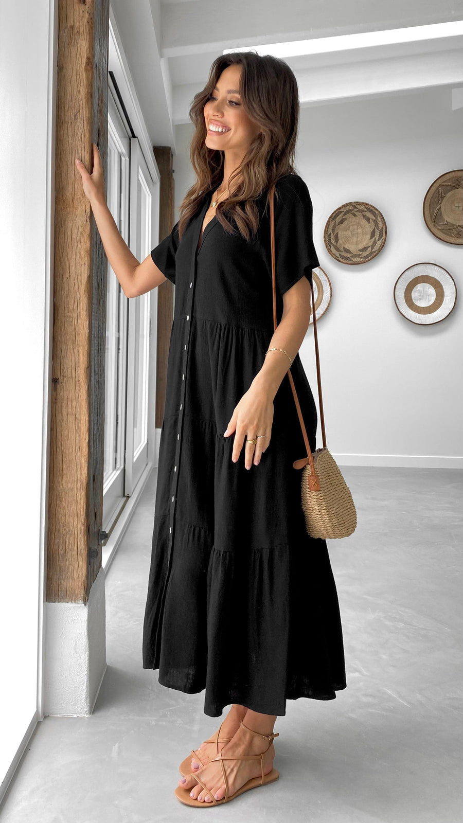 Black Linen Button-Down Midi Dress-2