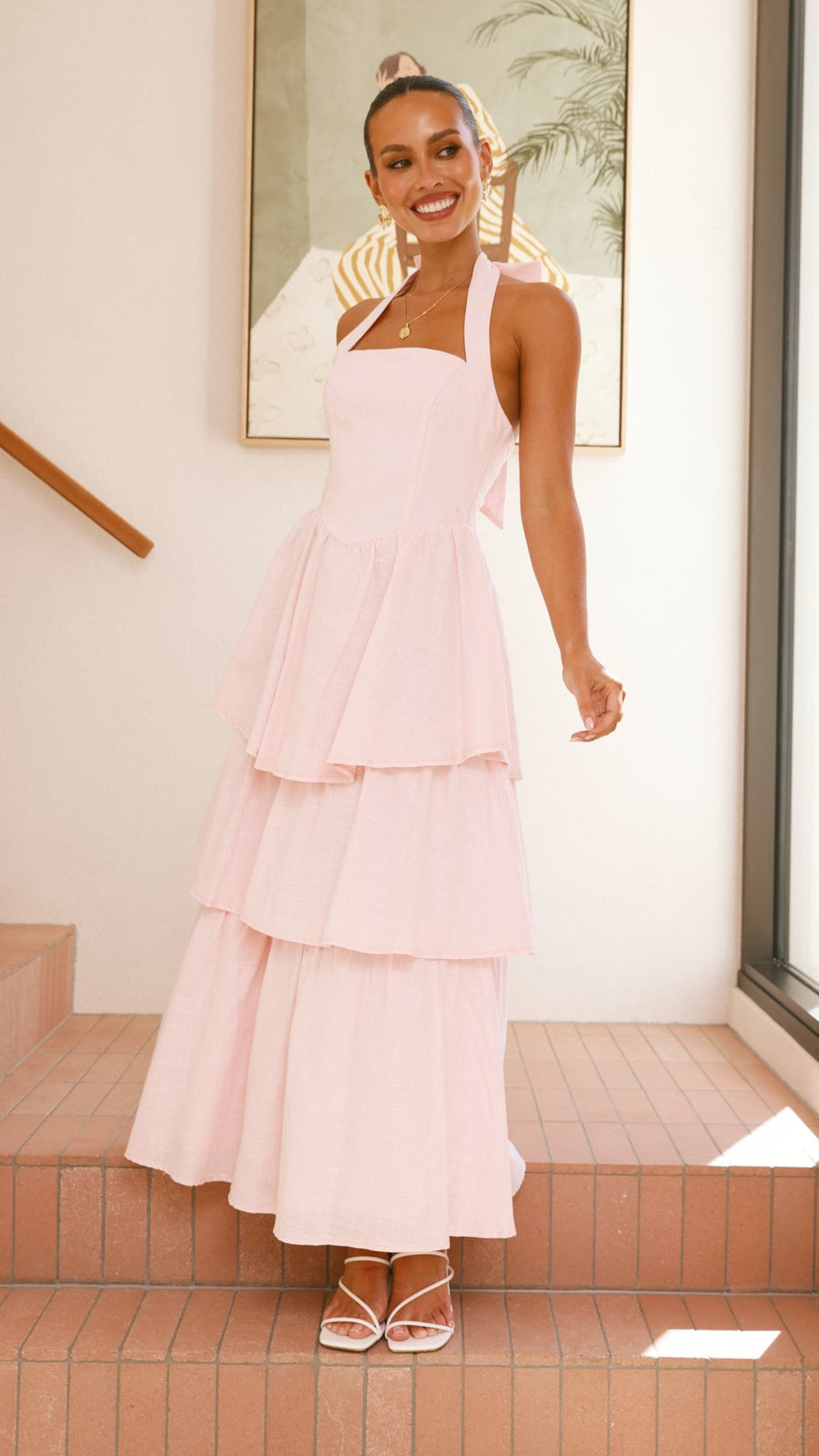 Pink Crepe Tiered Maxi Dress with Halter Neck &amp; Tie-Up Bow-3