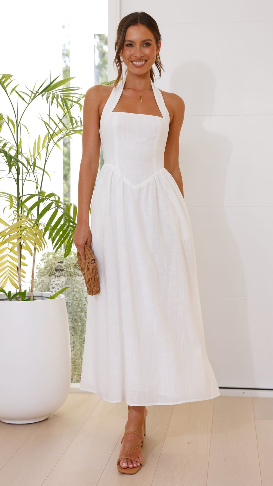 White Linen Halter Maxi Dress-3