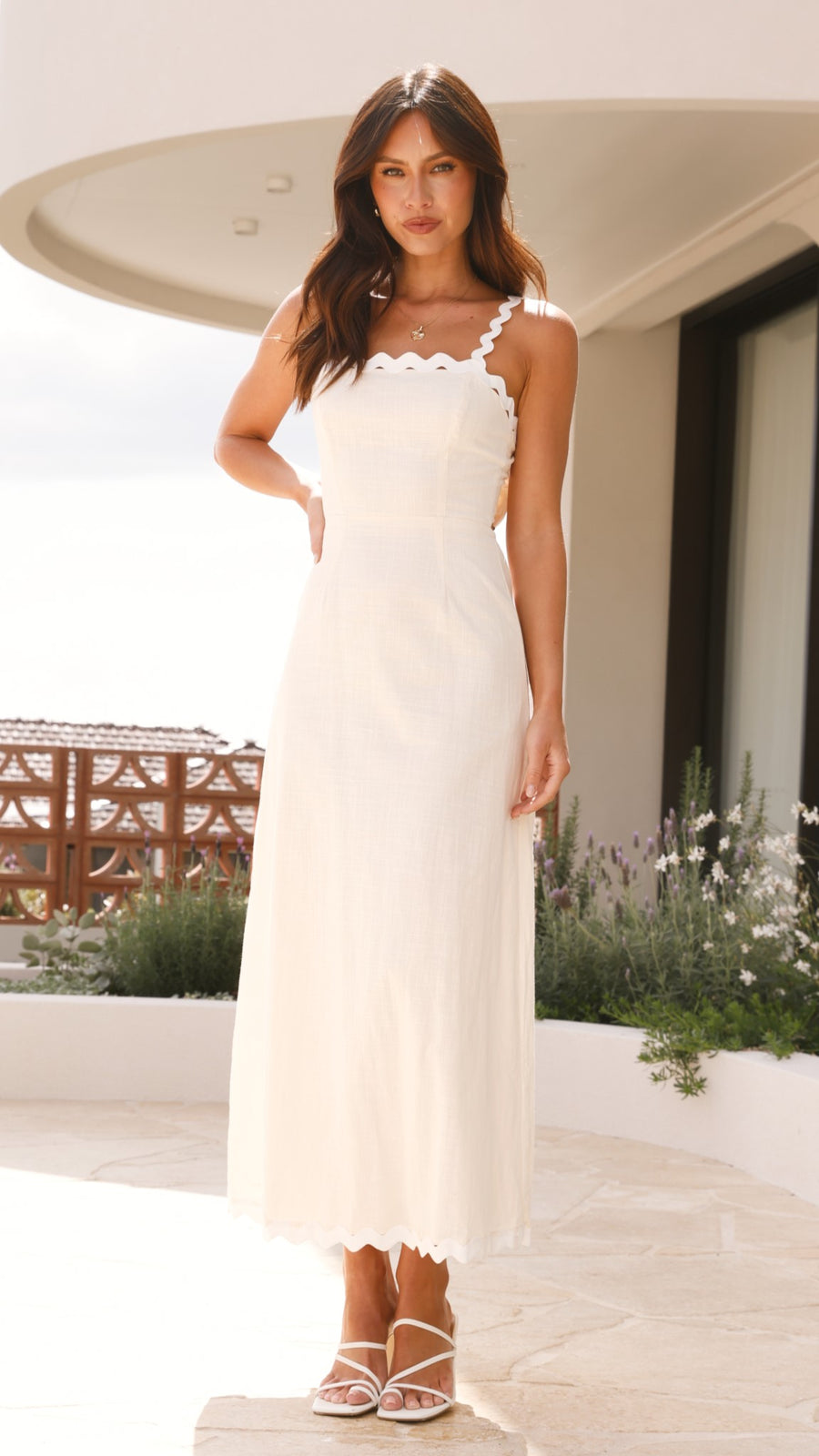 Ivory Linen Bow Back Midi Dress with Zic Zac Lace-2