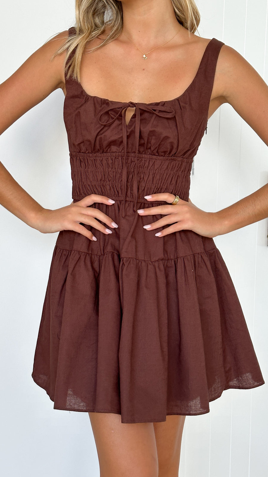 Cinnamon Brown Linen Short Dress-0