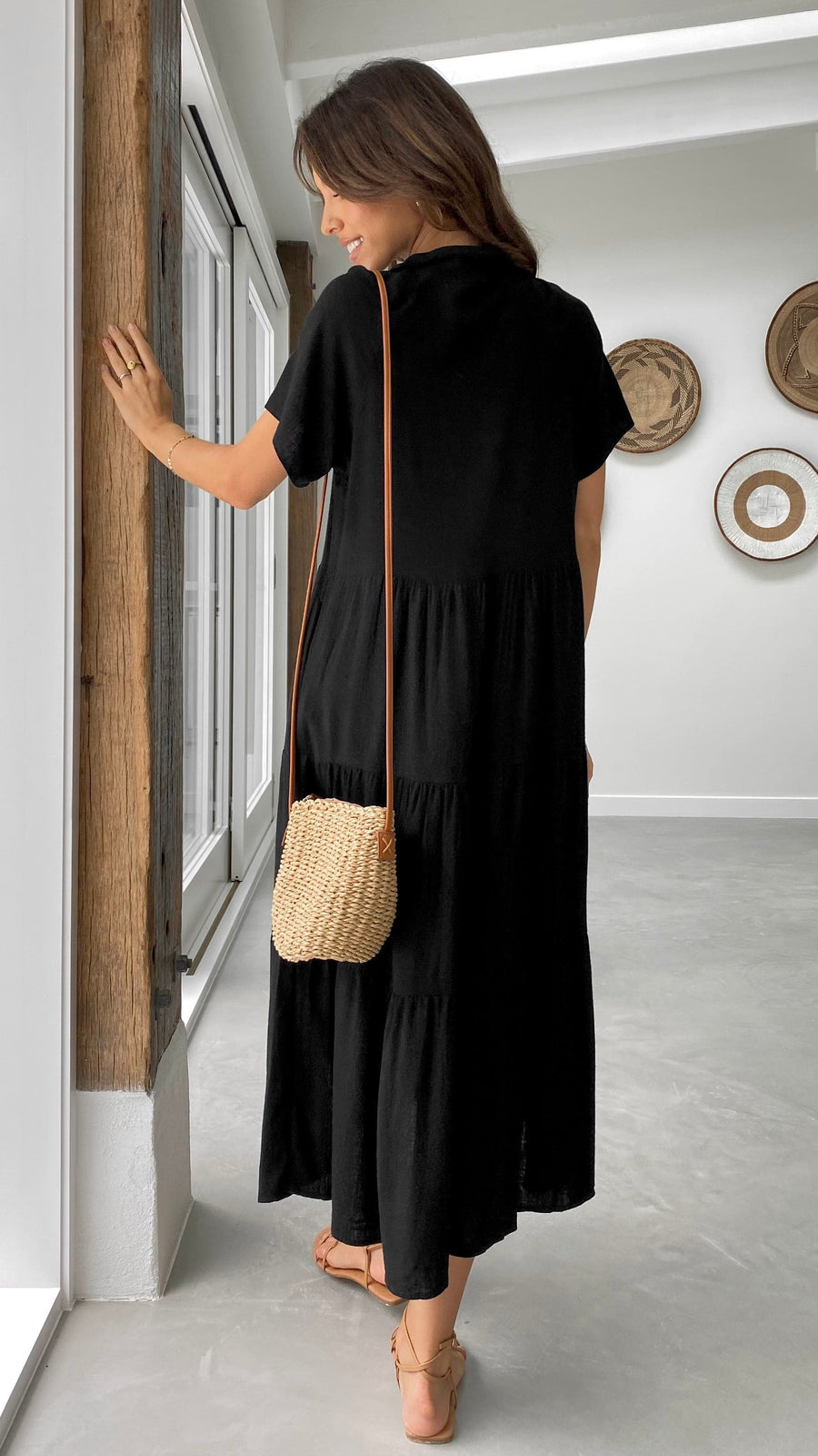 Black Linen Button-Down Midi Dress (syncee)-4