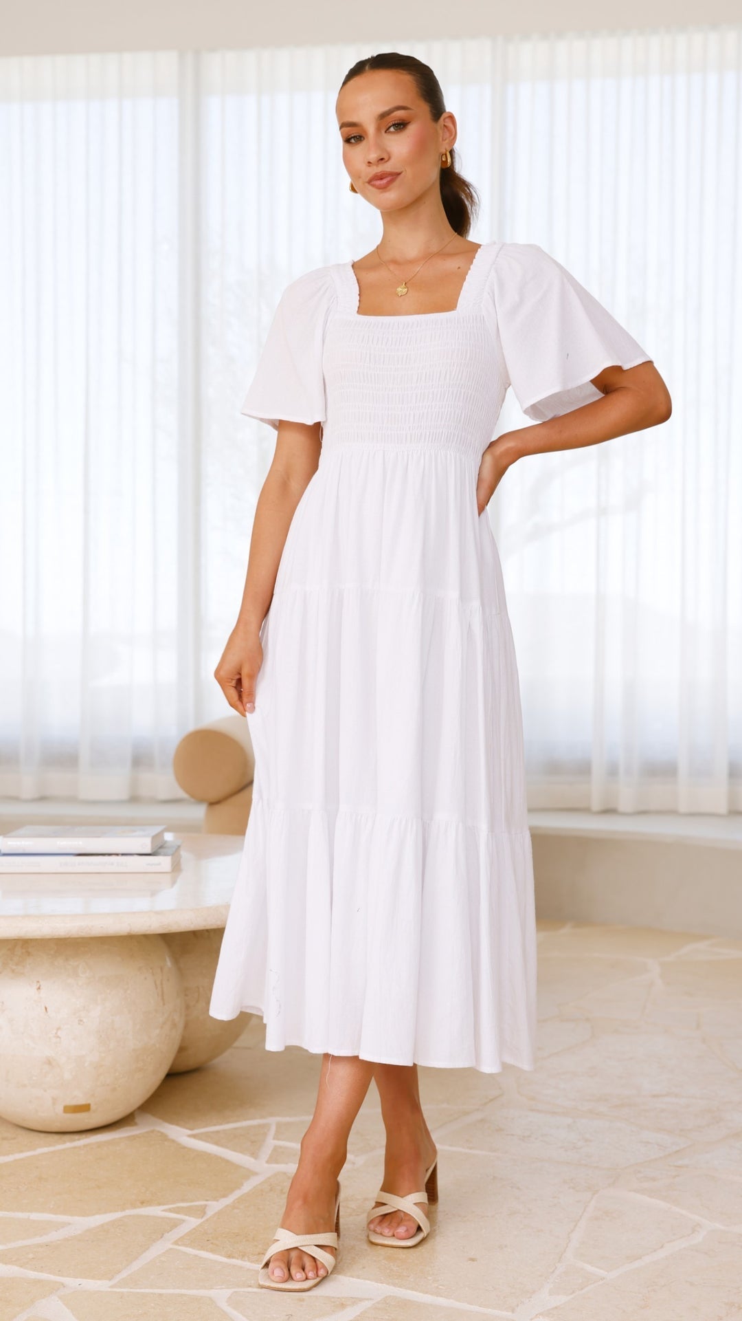 White Smocked Midi Dress