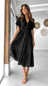 Black Linen Button-Down Midi Dress (syncee)-1